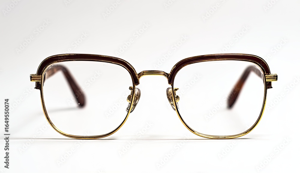 Fototapeta premium Pair of vintage-style eyeglasses, clear lenses, gold-toned frames, and dark reddish-brown temples