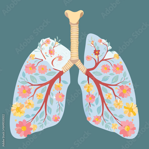 Illustration of human lungs with abstract flowers and paper art