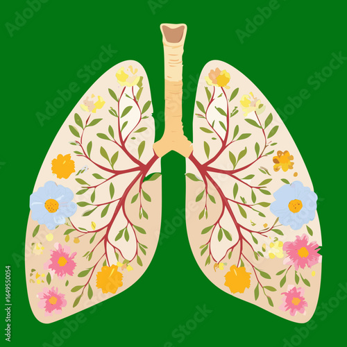 Illustration of human lungs with colorful flowers and abstract texture