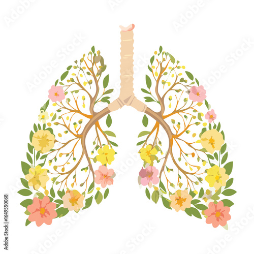 Illustration of the human lungs with lovely yellow and pink flowers
