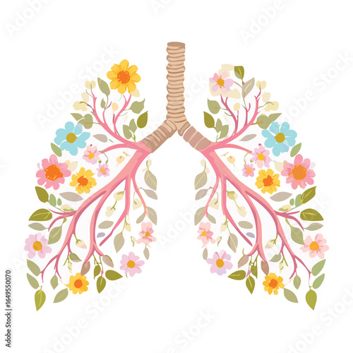 Illustration of a human respiratory system with beautiful colorful flowers