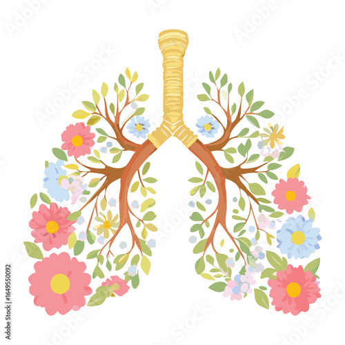  Illustration of a human respiratory system with blooming flowers and leaves