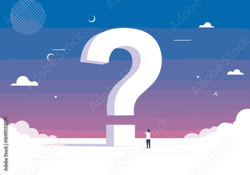 A person stands before a colossal question mark against a twilight sky symbolizing the quest for answers and the unknown