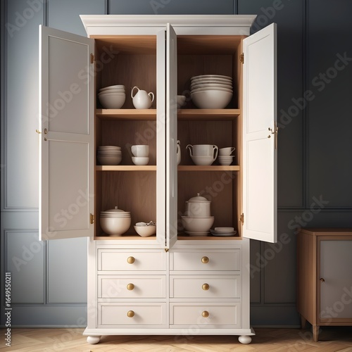 Stylish Wooden Kitchen Pantry with Open Shelves and Drawer Storage