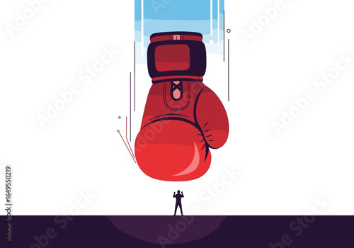 A lone boxer stands ready to face an enormous descending boxing glove symbolizing overwhelming odds or a formidable opponent