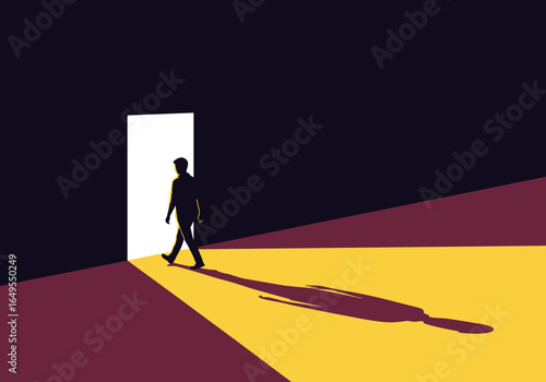 A solitary figure walks towards a bright open doorway casting a long shadow on a contrasting floor