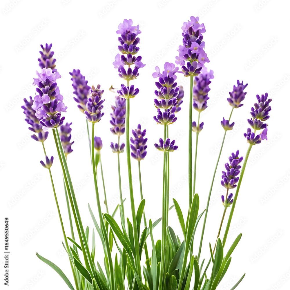 Naklejka premium A cluster of vibrant purple lavender flowers with green stems and leaves isolated on transparent background