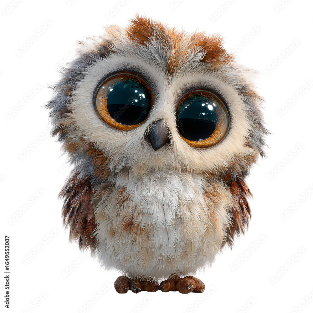 Obraz premium Adorable baby owl with big eyes isolated on transparent background