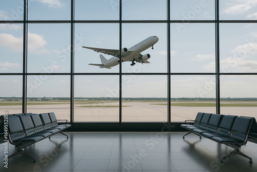   AI-generated image of a plane taking of a runnaway from an airport terminal window