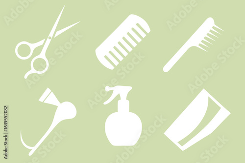 Set of high quality icons White Hair Salon Tools on Light Green Background beauty equipment