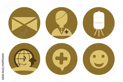 Set of six golden brown circular icons on a high quality white background graphic design technology