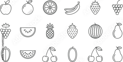 Assorted fruit icons in outline style including apple orange banana strawberry watermelon and more fruits
