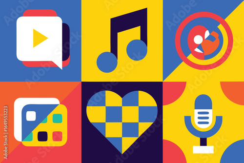 Six colorful geometric icons on a grid set of high quality background play button music note