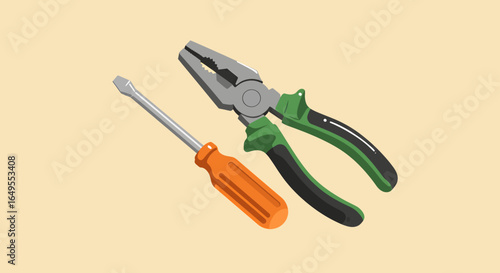 Pliers and screwdriver on beige background symbolizing engineering work and Labour Day
