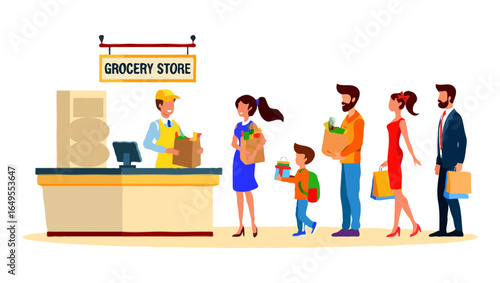 Family and shoppers in line at a grocery store checkout