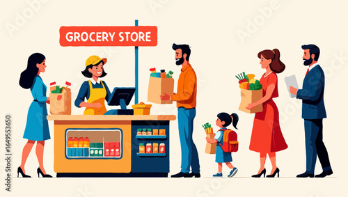 Diverse shoppers and cashier at a grocery store checkout line