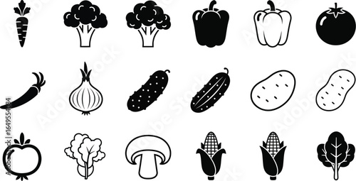 A collection of black and white vegetable icons including carrots broccoli peppers and more in a row