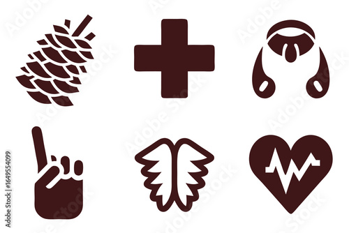 Six Dark Brown Icons on a set of high quality White Background pinecone medical cross