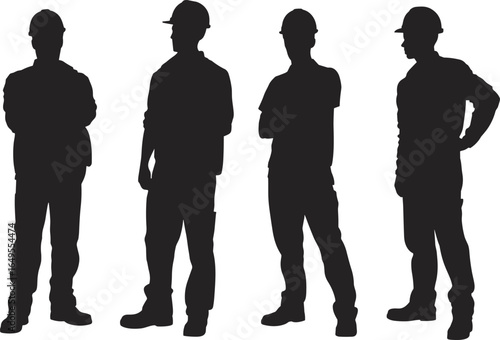 Construction worker silhouettes in hard hats, standing poses, labor safety concept, industrial workforce vector, black isolated figures, team illustration