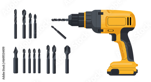 Yellow drill with multiple bits on white background representing industrial work for Labour Day