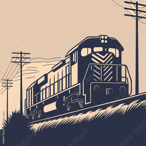 Modern freight diesel train traveling on railroad tracks, vintage style illustration.
