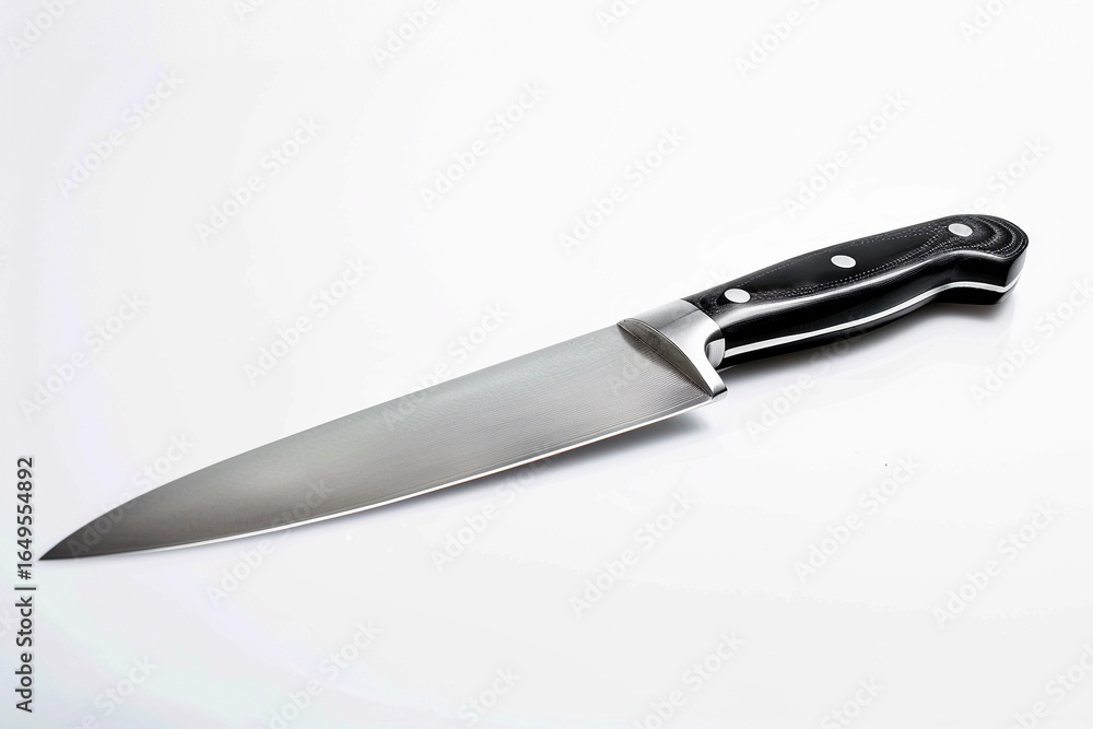 Fototapeta premium Kitchen knife lying on a clean surface with a polished blade and ergonomic handle design for cooking tasks