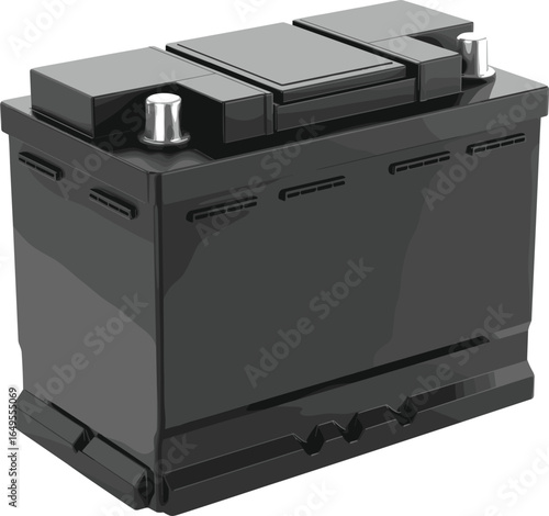 Black automotive car battery, isolated on white background, rectangular shape, top metallic terminals, vent openings, vehicle power supply component, CAD illustration