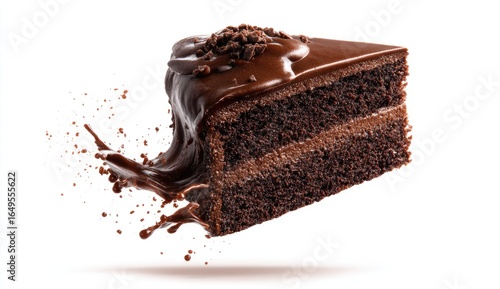 A chocolate cake slice, dripping with chocolate, in mid-air