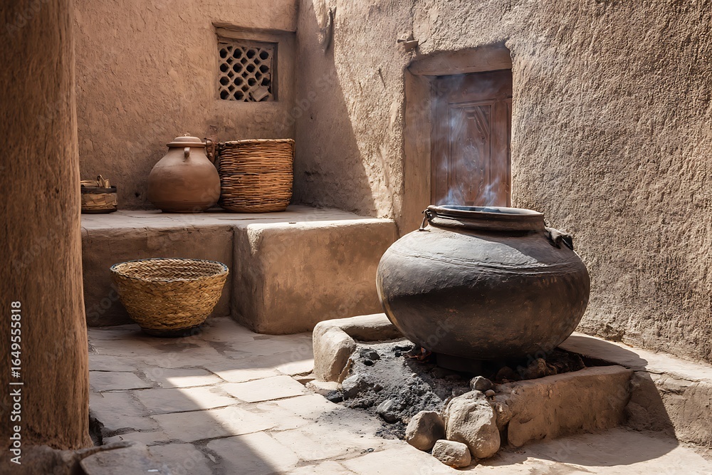Fototapeta premium Large black clay jar beside stove high resolution picture