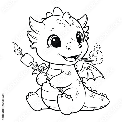 Happy baby dragon illustration with wings and campfire treat for kids coloring page and nursery decor
