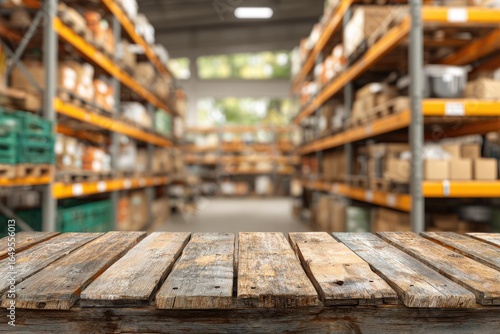 Wallpaper Mural Wooden tabletop in front of a warehouse Torontodigital.ca