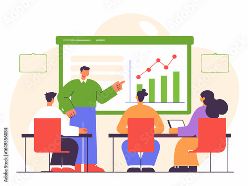 Corporate manager pointing at graph during team training session with presentation screen
