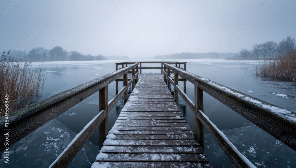 Naklejka premium A tranquil wooden pier stretches across a frozen lake, covered in a light dusting of snow. Misty, overcast sky, and distant trees create a serene winter scene