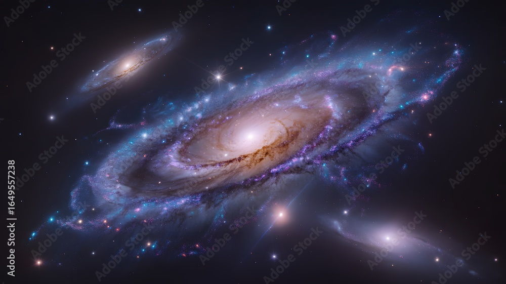 Fototapeta premium A beautiful, swirling spiral galaxy surrounded by smaller galaxies in deep space.