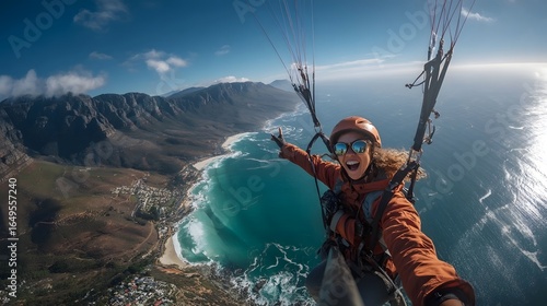 Paraglider soaring over a breathtaking coastal landscape