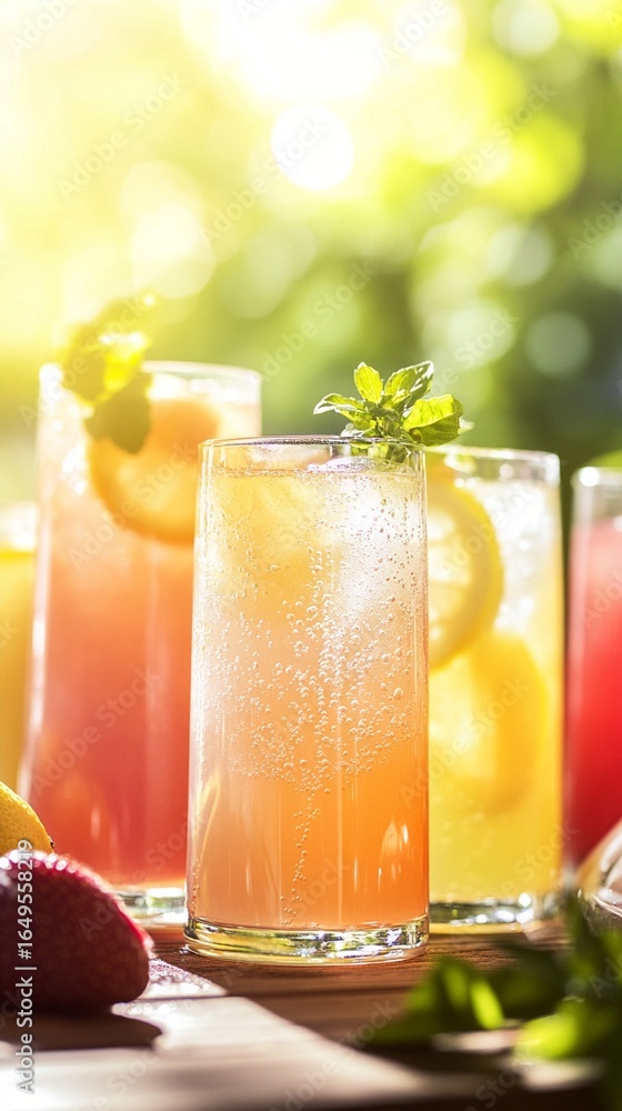 Fototapeta premium Refreshing summer cocktails with condensation, garnished with mint and citrus, served in tall glasses on a rustic wooden surface with blurred green background