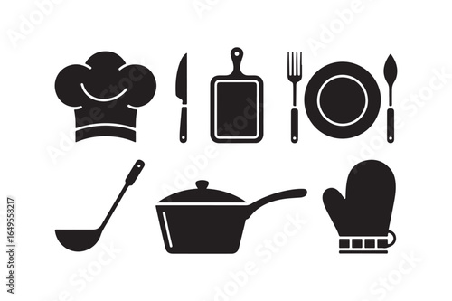 Culinary icons featuring chef hat utensils and cookware