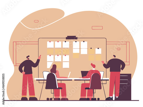 Flat illustration of agile team working on project sprint planning in open office layout