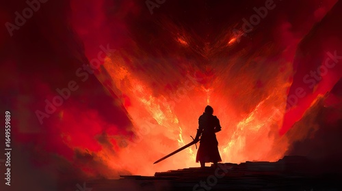 Silhouette of a warrior facing a fiery demon