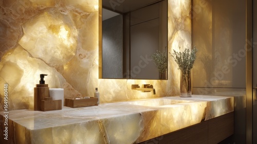 Contemporary bathroom vanity with opulent onyx countertop.