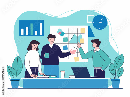 Group of coworkers collaborating on startup business plan with graphs