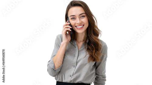Friendly Call: A confident woman engaged in a phone call, displaying a genuine smile, conveying a sense of approachability and open communication. 