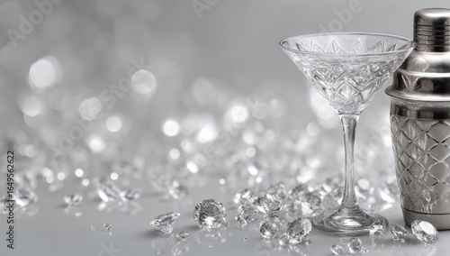 Elegant martini glass and shaker, sparkling diamonds