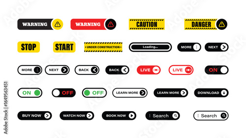 Collection of various UI buttons, including warning, caution, stop, start, navigation, action, and informational buttons in a variety of colors and styles.