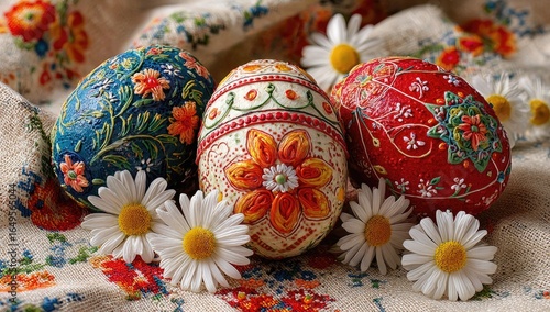 Three intricately decorated Easter eggs, vibrant in color, sit amongst white daisies on a textured cloth