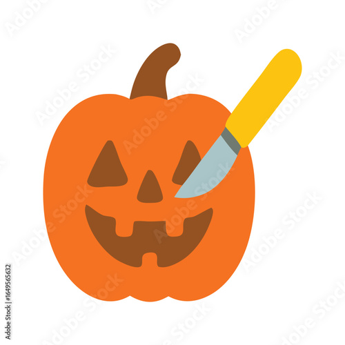 Carved pumpkin being stabbed with a yellow handled knife is perfect for halloween designs and spookythemed projects. Pumpkin carving inspiration.