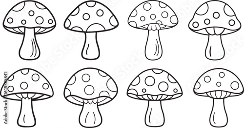 set of mushroom line art, coloring book page line art drawing, vector and illustration