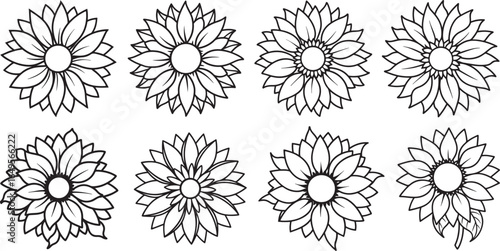 set of sunflower line art, coloring book page line art drawing, vector and illustration