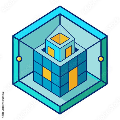 Abstract geometric cube structure with nested cubes and yellow accents