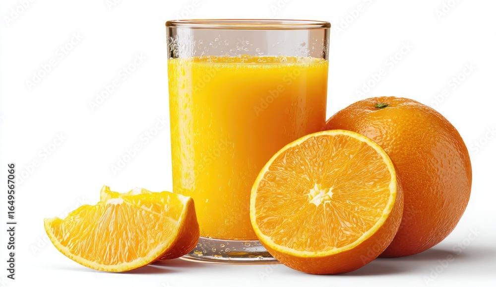 Orange juice in glass with fresh oranges Orange juice in glass with fresh oranges